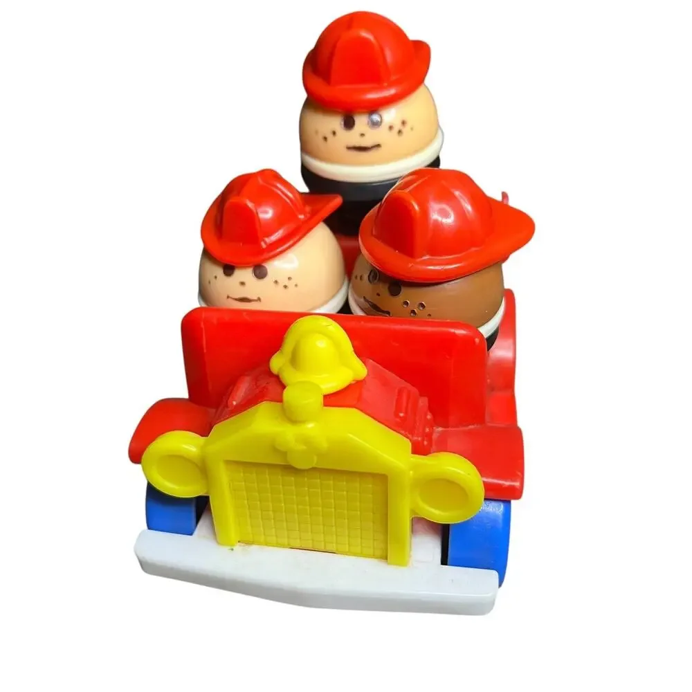 Vintage Disney Arco Fire Truck Toy with 3 Egg Shaped Firefighter Figures Red